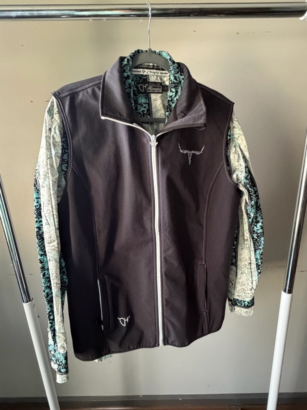Cowgirl Tuff Black Zip-Up Vest with Teal Patterned Trim